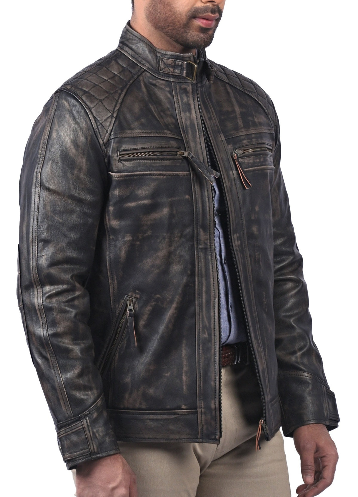 Men's black distressed cowhide cafe racer jacket, photo 3