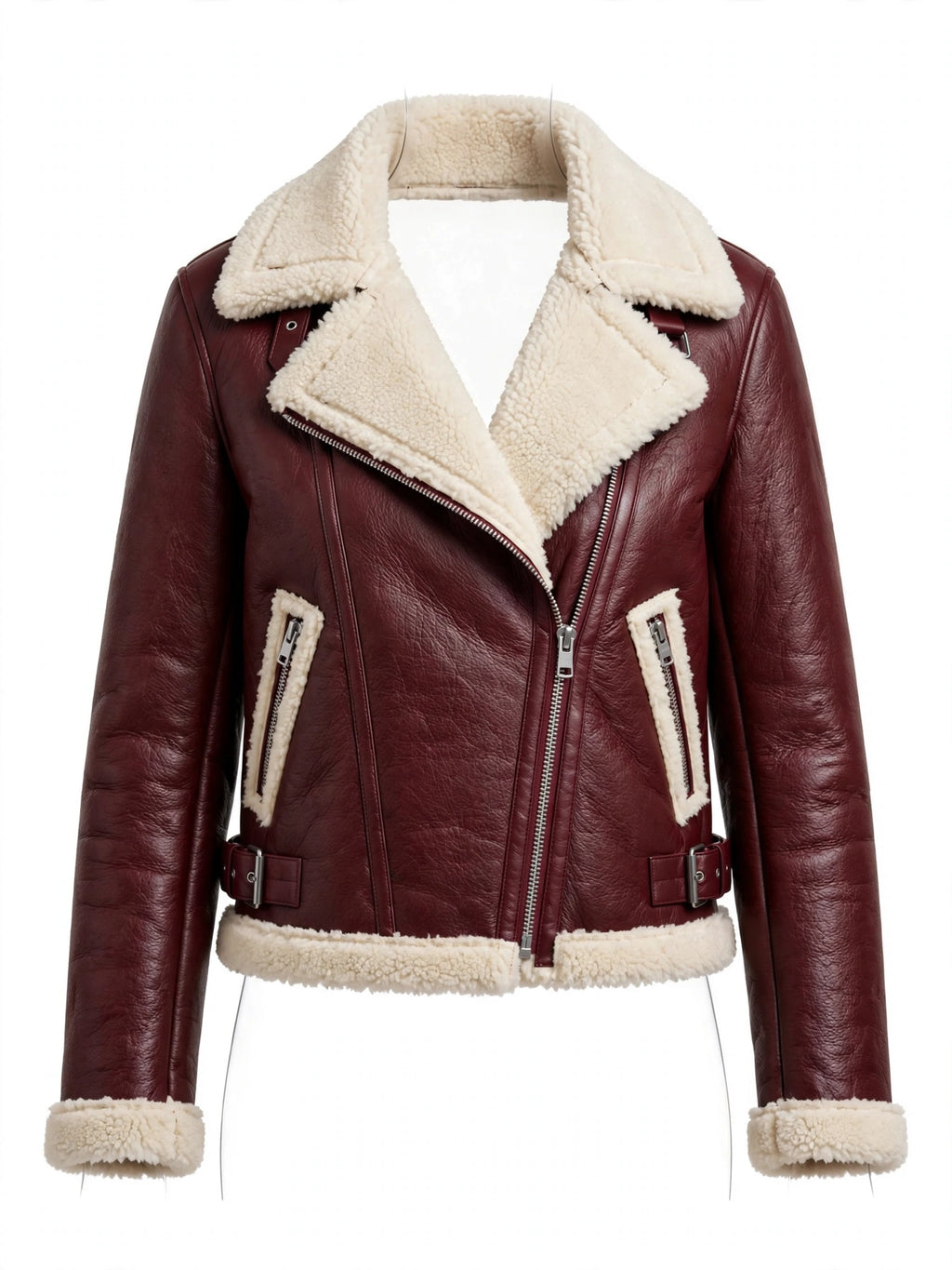 Greenock Burgundy Leather Biker Jacket for Women in Sheepskin - Front View with Cream Shearling Collar