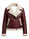 Greenock Burgundy Leather Biker Jacket for Women in Sheepskin - Front View with Cream Shearling Collar