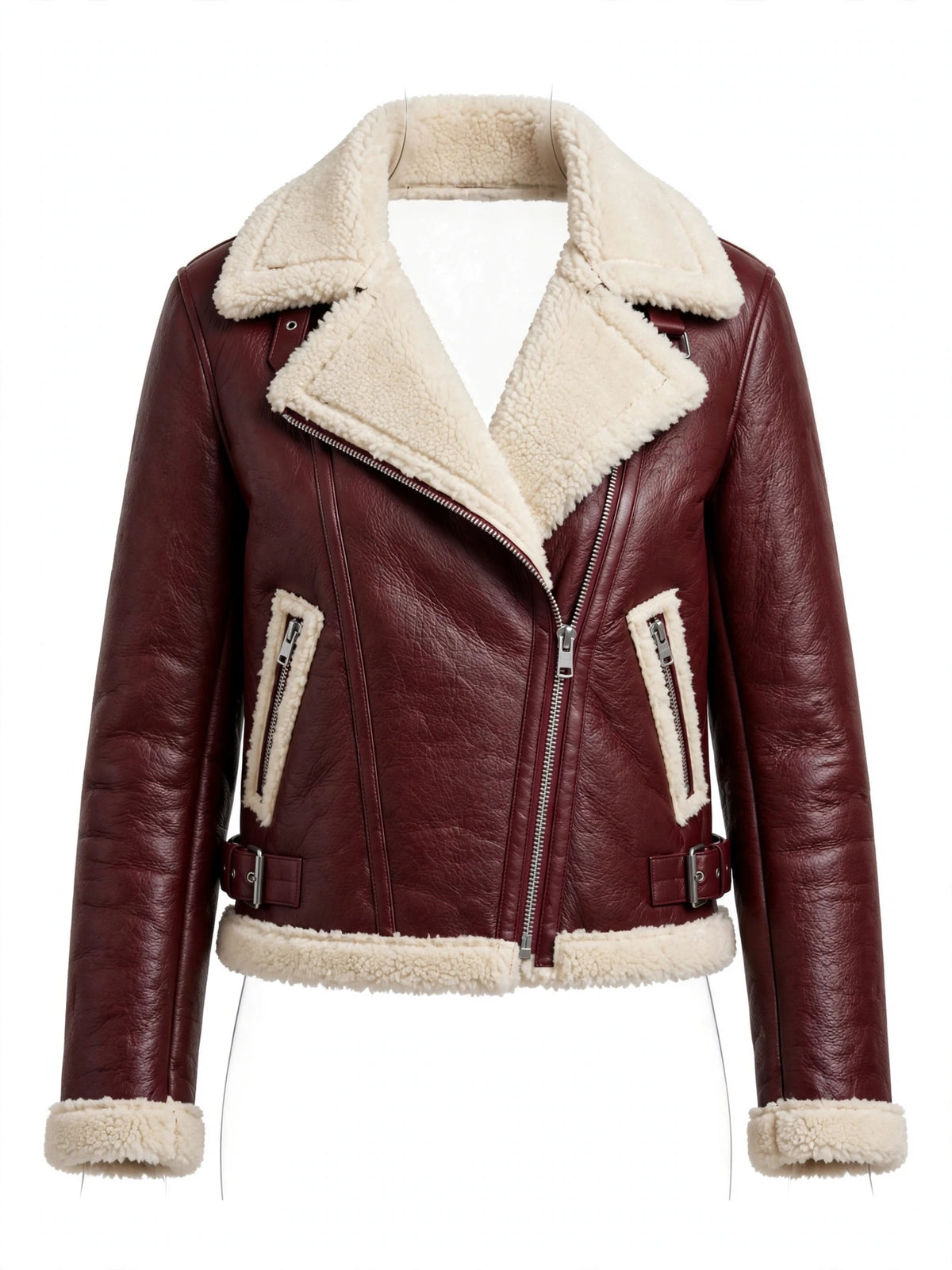 Greenock Burgundy Leather Biker Jacket for Women in Sheepskin - Front View with Cream Shearling Collar