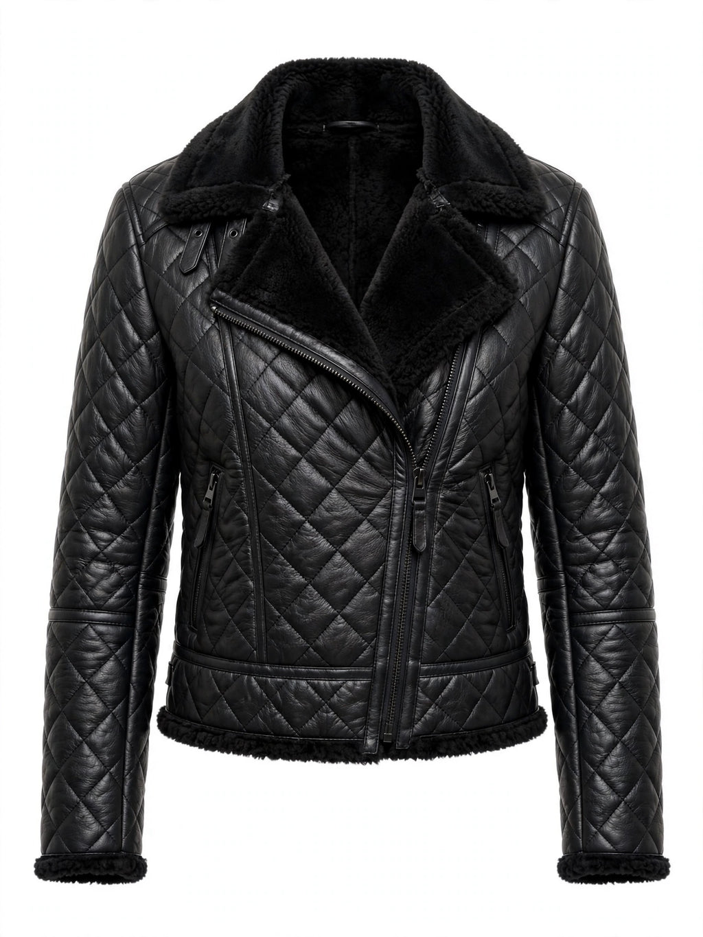 Hawick quilted black sheepskin biker jacket for women, front view with shearling collar