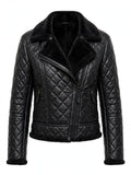Hawick quilted black sheepskin biker jacket for women, front view with shearling collar