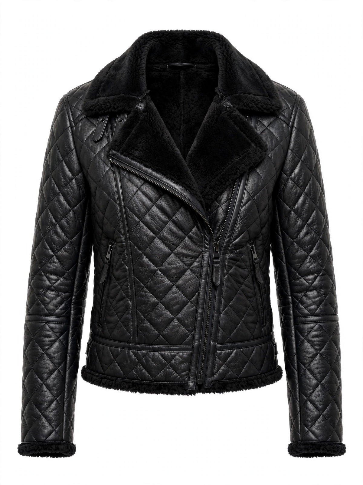 Hawick quilted black sheepskin biker jacket for women, front view with shearling collar