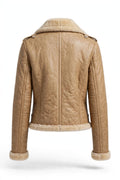 Back view of Irvine Cropped Leather Biker Jacket for Women - Tan Sheepskin moto jacket with shearling hem