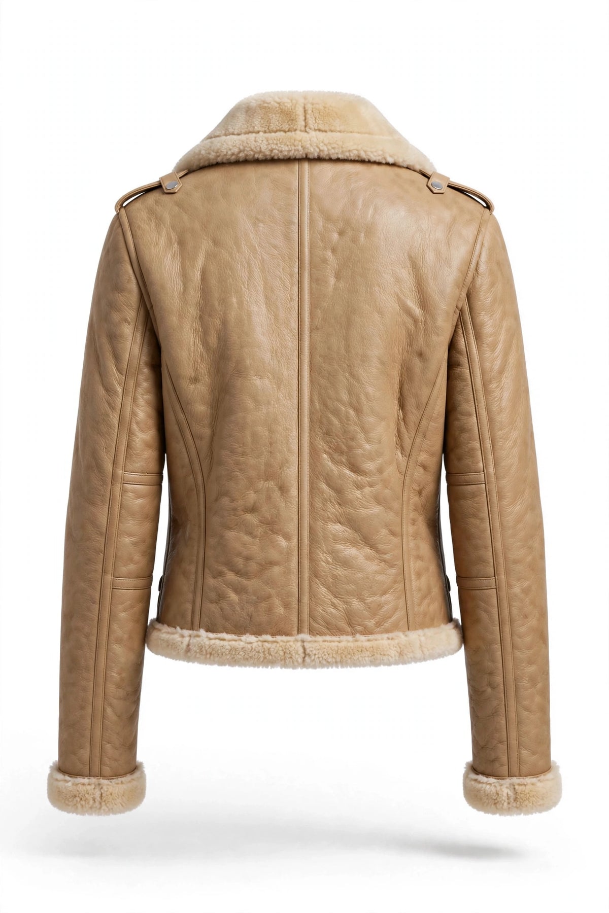 Back view of Irvine Cropped Leather Biker Jacket for Women - Tan Sheepskin moto jacket with shearling hem
