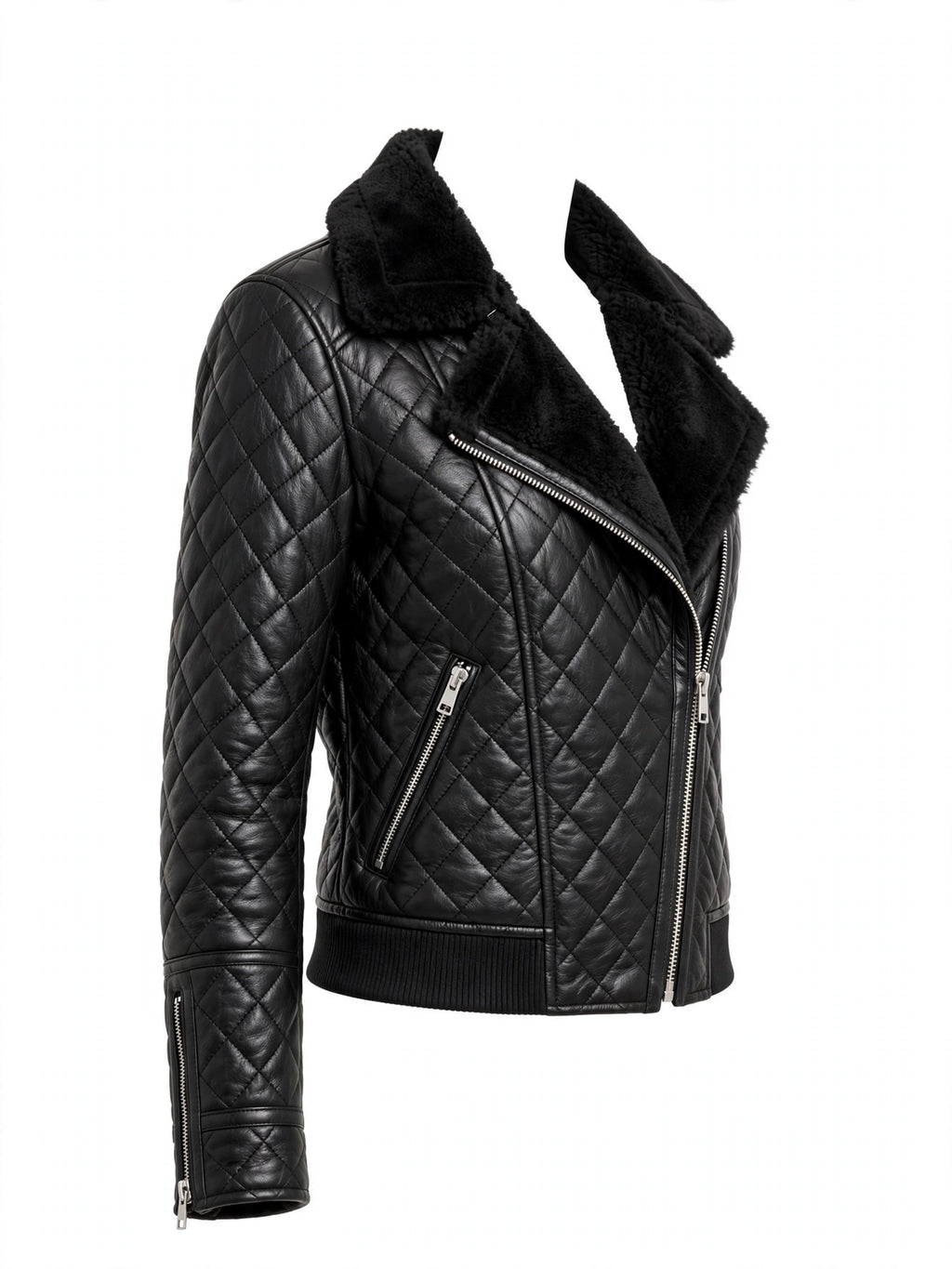 Back view of Hawick Quilted Leather Biker Jacket for Women - Black Sheepskin with diamond quilted stitching