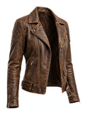 Falkirk Distressed Leather Biker Jacket for Women in Brown - Front View vintage moto