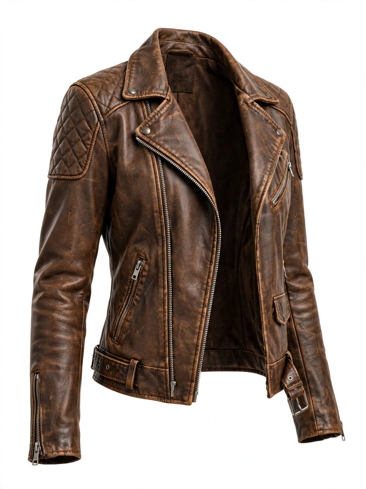 Falkirk Distressed Leather Biker Jacket for Women in Brown - Front View vintage moto