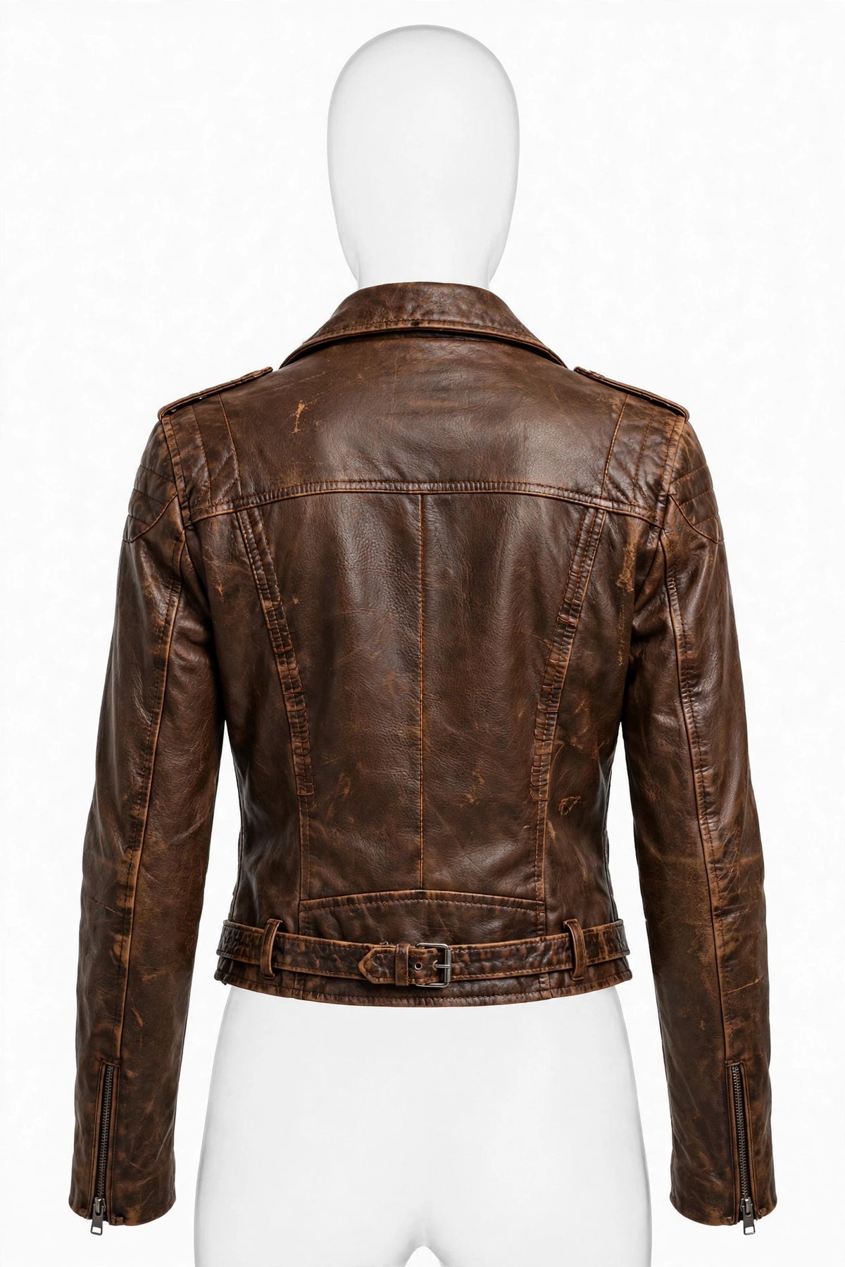Back view of Falkirk Brown Distressed Leather Biker Jacket for Women with belted hem