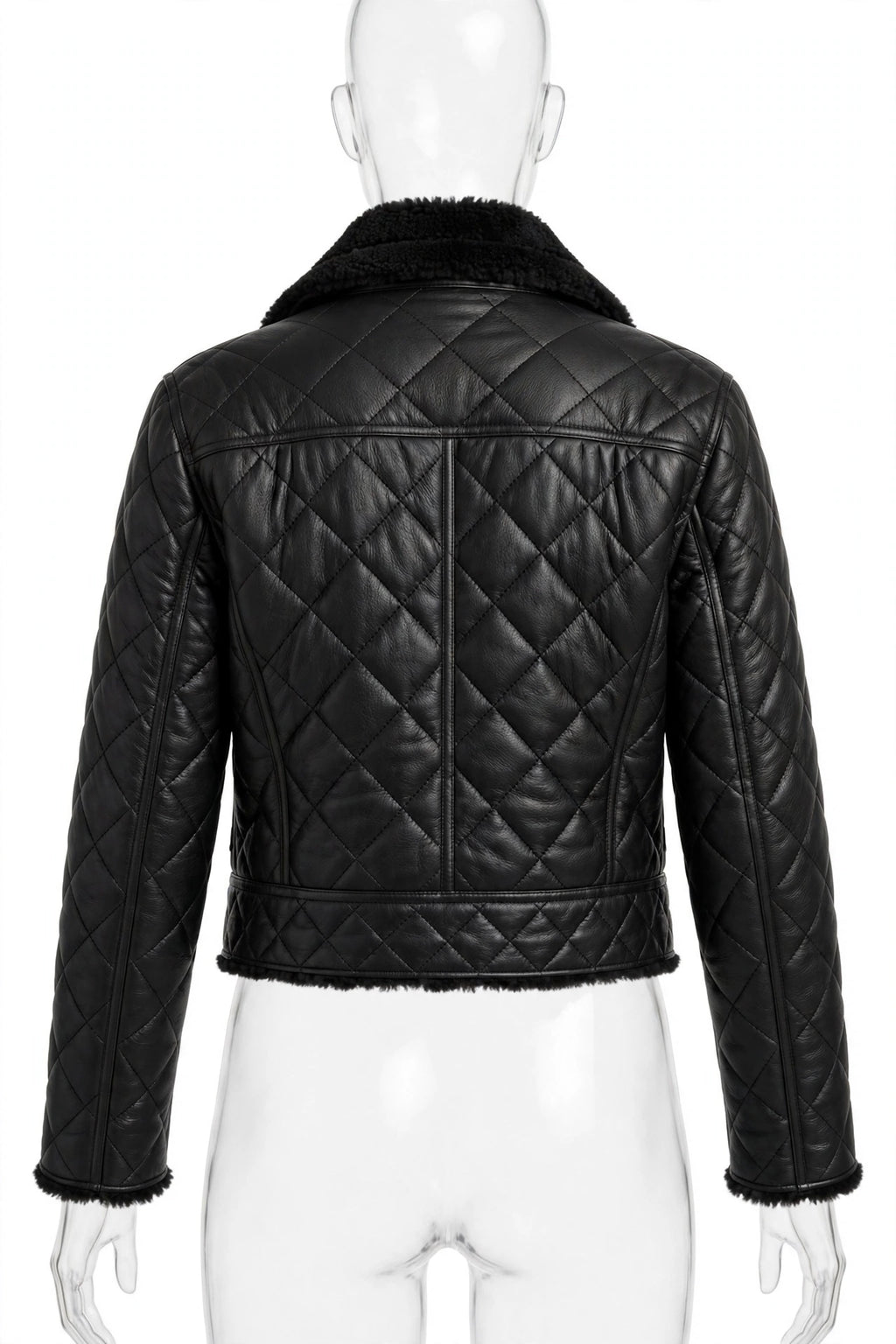 Right side view of Hawick Women's Quilted Biker Jacket in Black Sheepskin with asymmetrical zipper
