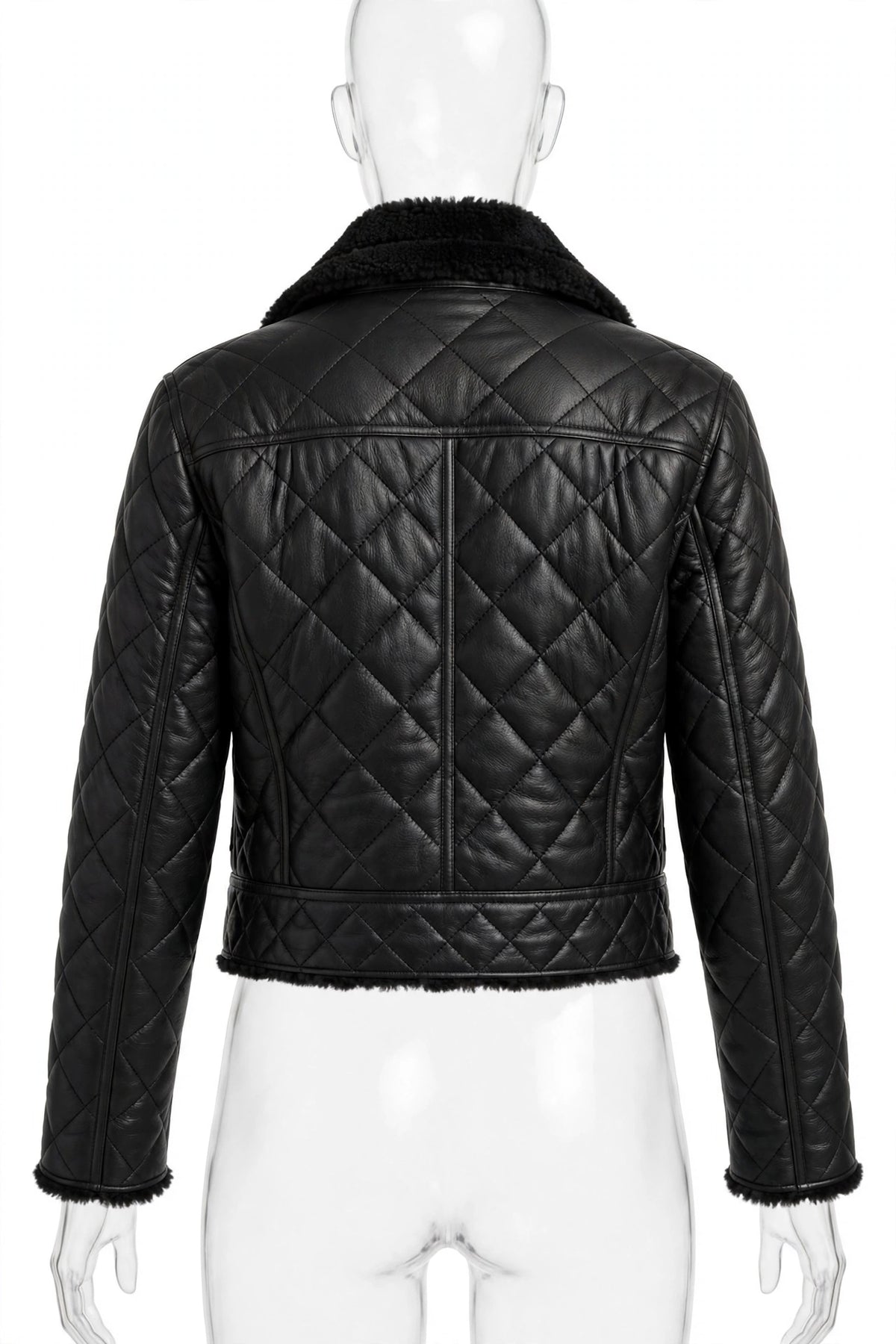 Right side view of Hawick Women's Quilted Biker Jacket in Black Sheepskin with asymmetrical zipper