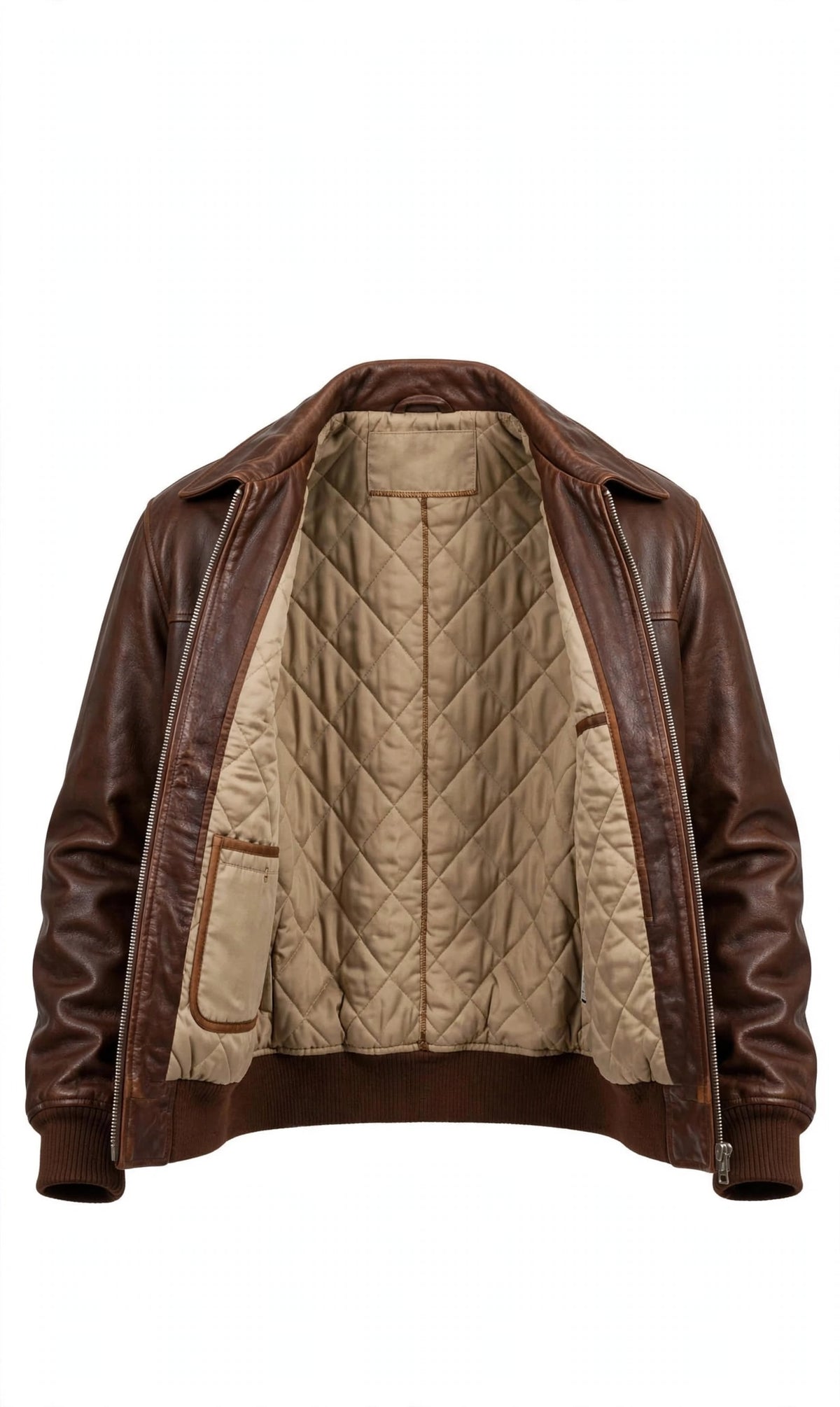 Arvo Heritage Bomber interior lining - quilted diamond stitched lining brown leather bomber jacket