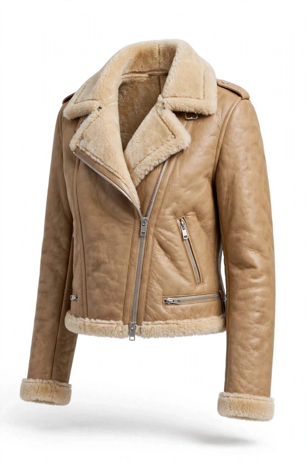 Irvine Cropped Leather Biker Jacket for Women in Tan Sheepskin - Front View with Shearling Collar and Zip Closure