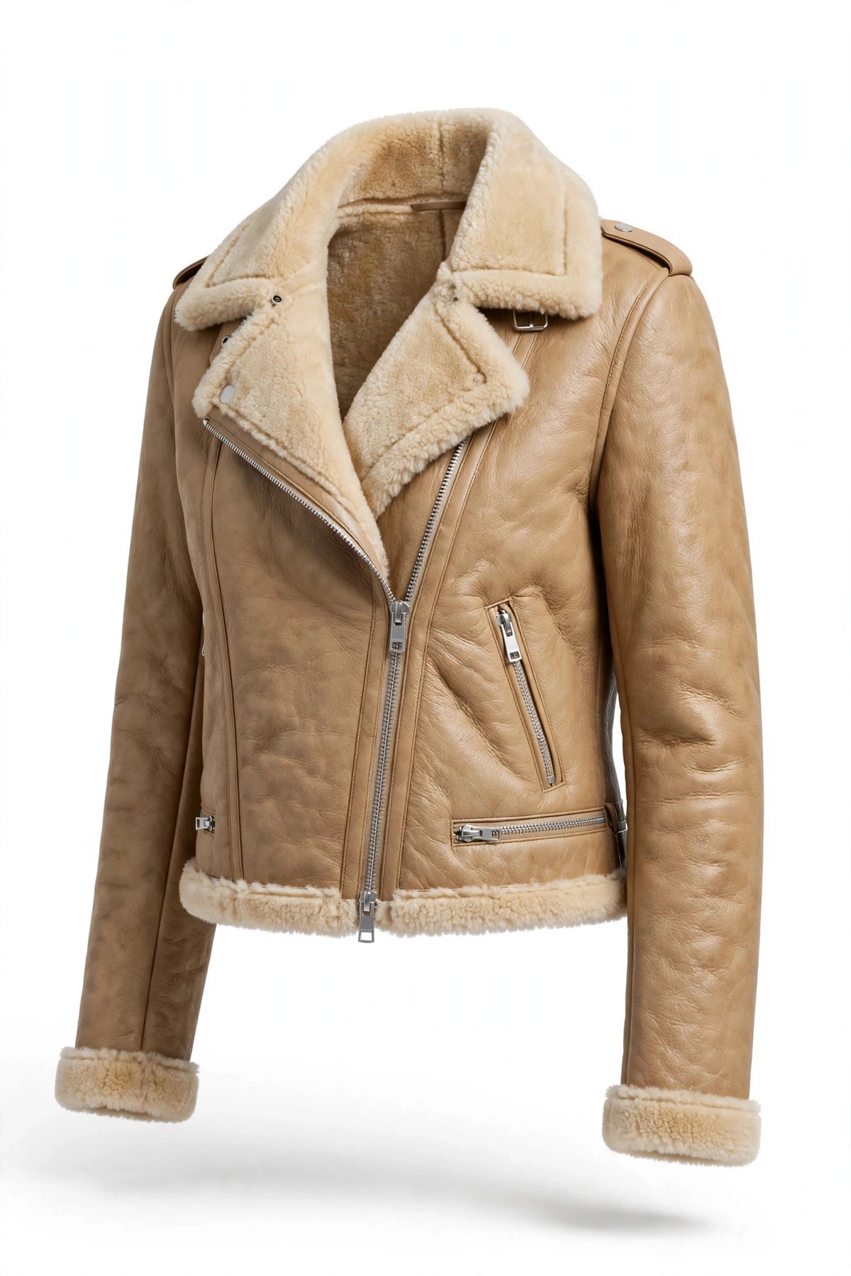 Irvine Cropped Leather Biker Jacket for Women in Tan Sheepskin - Front View with Shearling Collar and Zip Closure