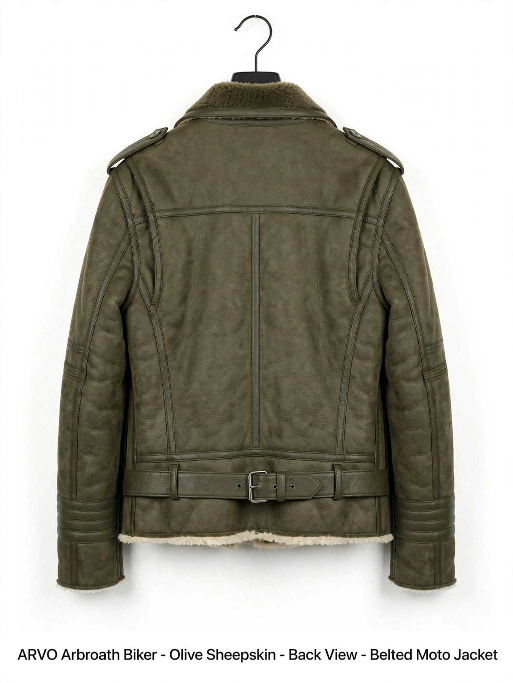 ARVO Arbroath Biker Olive Sheepskin Side Detail - Genuine Sheepskin Texture and Hardware