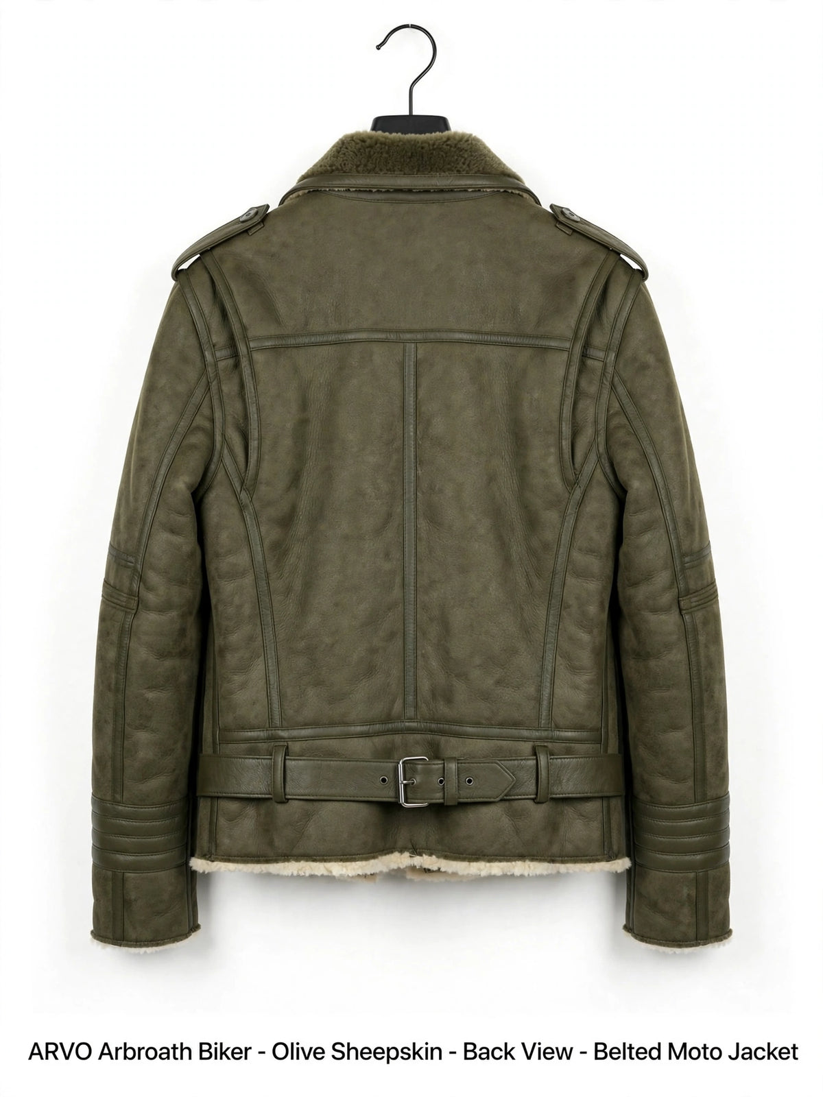 ARVO Arbroath Biker Olive Sheepskin Side Detail - Genuine Sheepskin Texture and Hardware