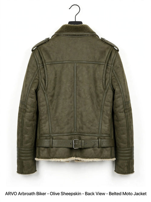 ARVO Arbroath Biker Olive Sheepskin Side Detail - Genuine Sheepskin Texture and Hardware