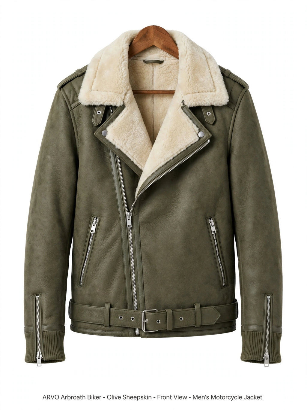 ARVO Arbroath Biker Olive Sheepskin Front View - Men's Olive Green Shearling Lined Motorcycle Jacket with Belt - Soft Moto Jacket