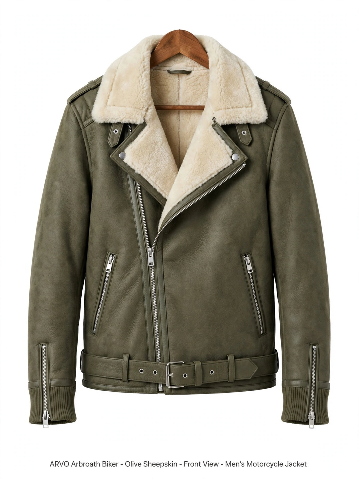 ARVO Arbroath Biker Olive Sheepskin Front View - Men's Olive Green Shearling Lined Motorcycle Jacket with Belt - Soft Moto Jacket