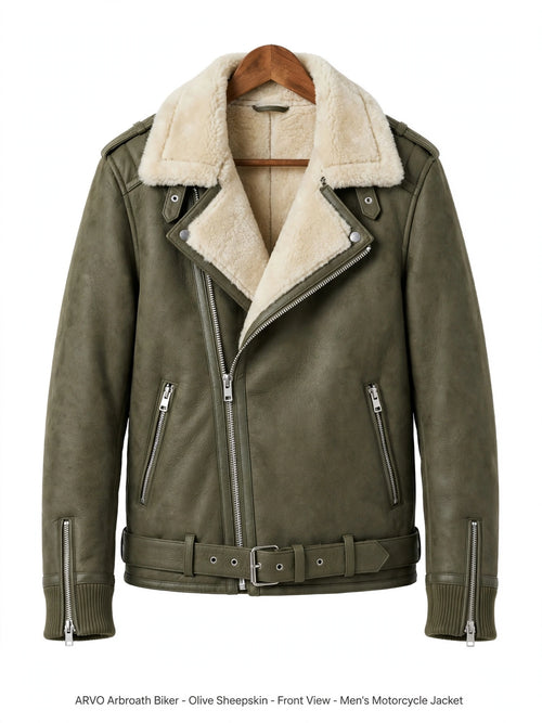 ARVO Arbroath Biker Olive Sheepskin Front View - Men's Olive Green Shearling Lined Motorcycle Jacket with Belt - Soft Moto Jacket
