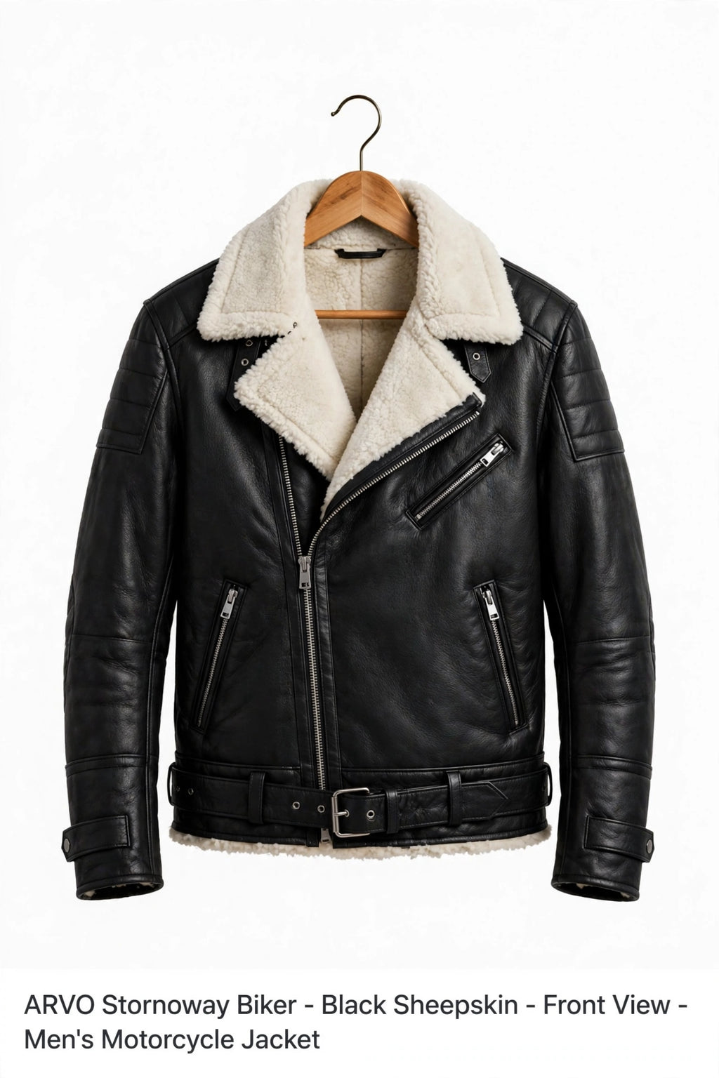 Arvo Stornoway Biker Leather Jacket for Men Black Sheepskin Front View - Shearling Lined Moto Jacket - Belted Aviator Biker