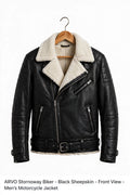 Arvo Stornoway Biker Leather Jacket for Men Black Sheepskin Front View - Shearling Lined Moto Jacket - Belted Aviator Biker
