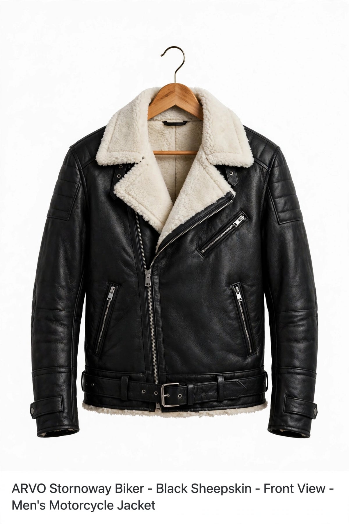 Arvo Stornoway Biker Leather Jacket for Men Black Sheepskin Front View - Shearling Lined Moto Jacket - Belted Aviator Biker