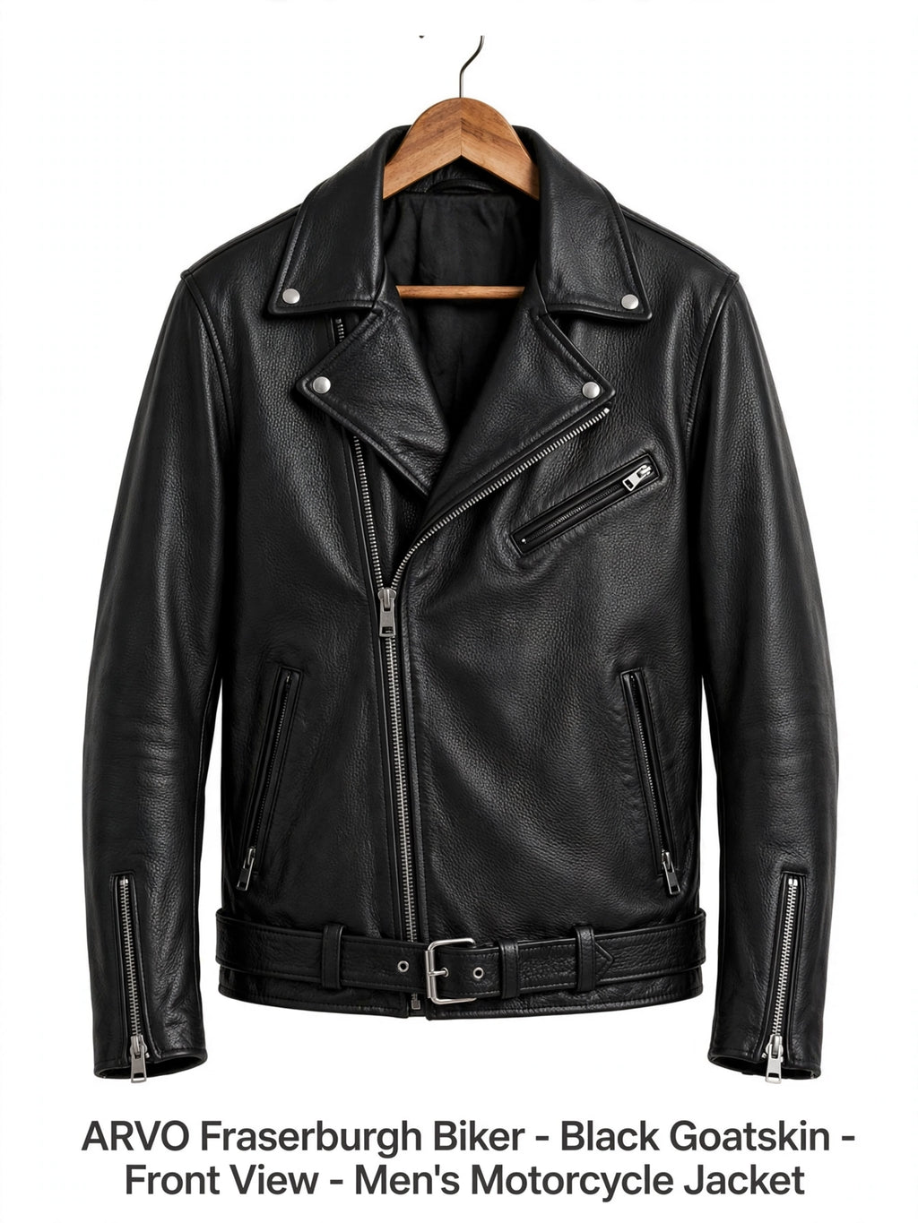 Arvo Fraserburgh Biker Leather Jacket for Men Black Goatskin Detail - Pebbled Goatskin Texture with YKK Zipper - Premium Motorcycle Jacket Hardware