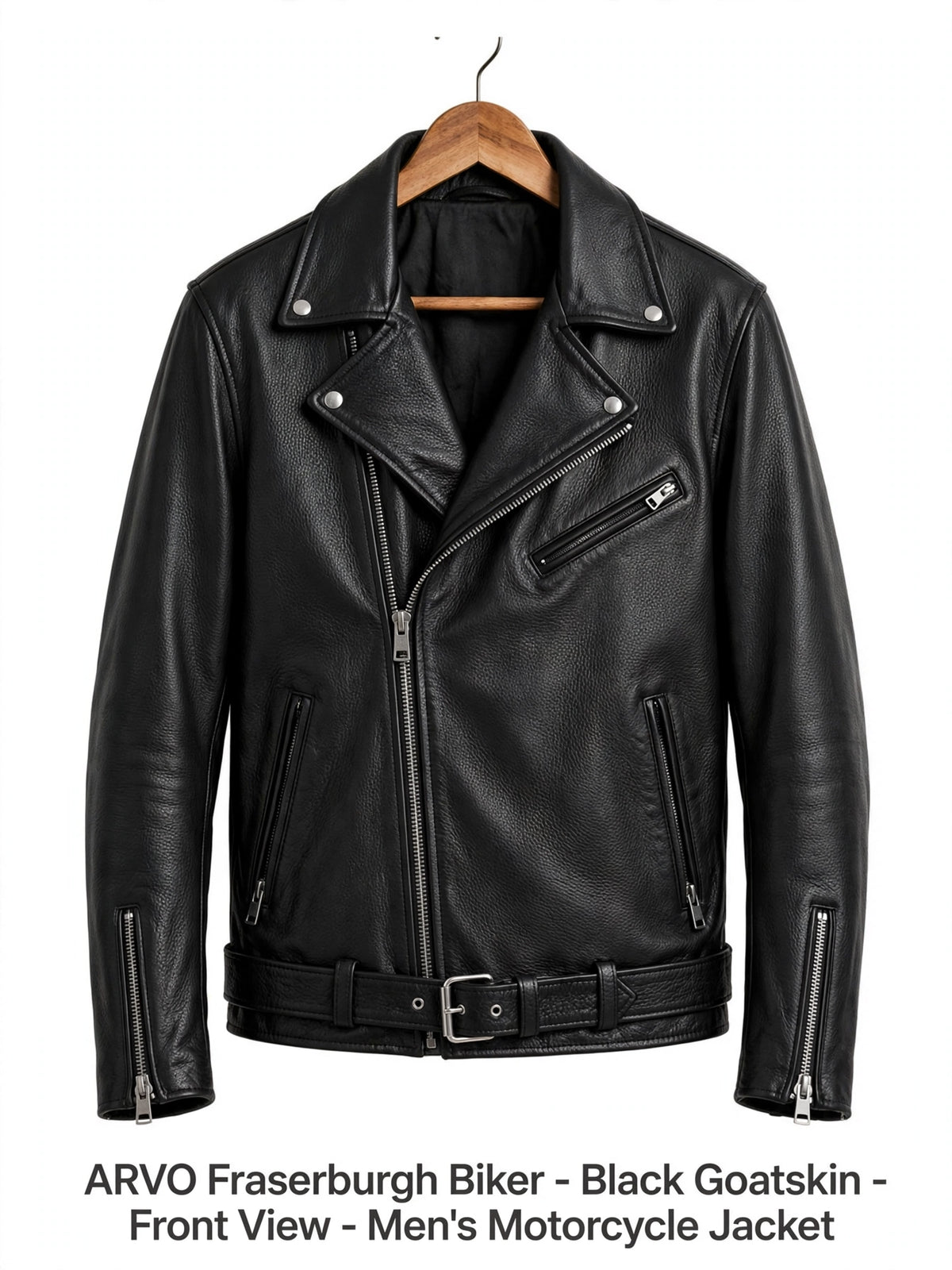 Arvo Fraserburgh Biker Leather Jacket for Men Black Goatskin Detail - Pebbled Goatskin Texture with YKK Zipper - Premium Motorcycle Jacket Hardware