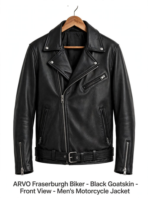 Arvo Fraserburgh Biker Leather Jacket for Men Black Goatskin Detail - Pebbled Goatskin Texture with YKK Zipper - Premium Motorcycle Jacket Hardware
