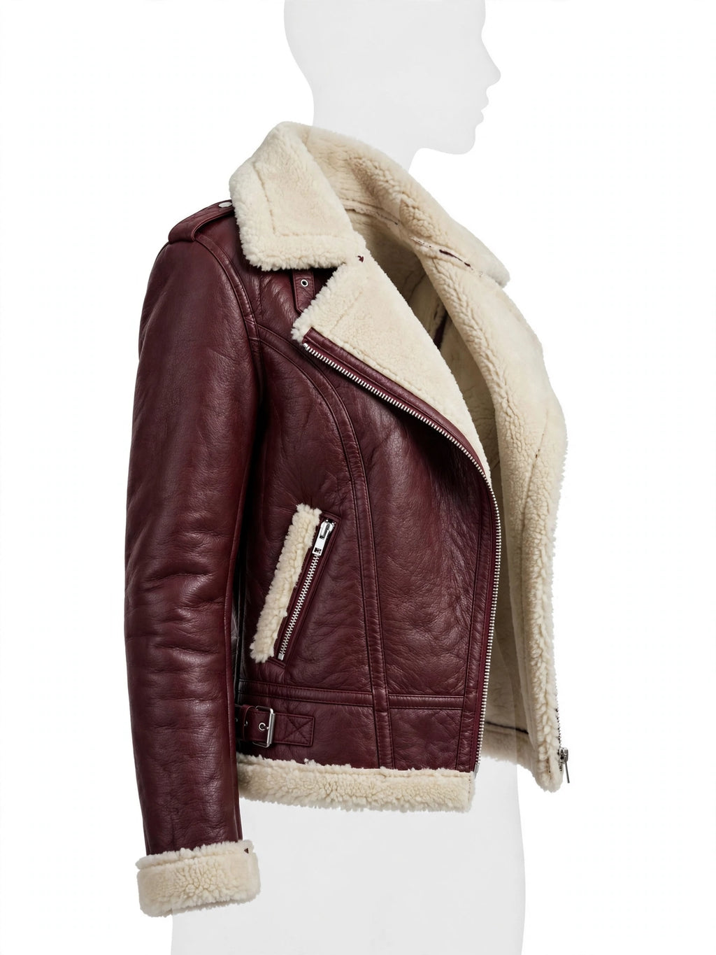 Back view of Greenock Women's Burgundy Sheepskin Biker Jacket with shearling hem