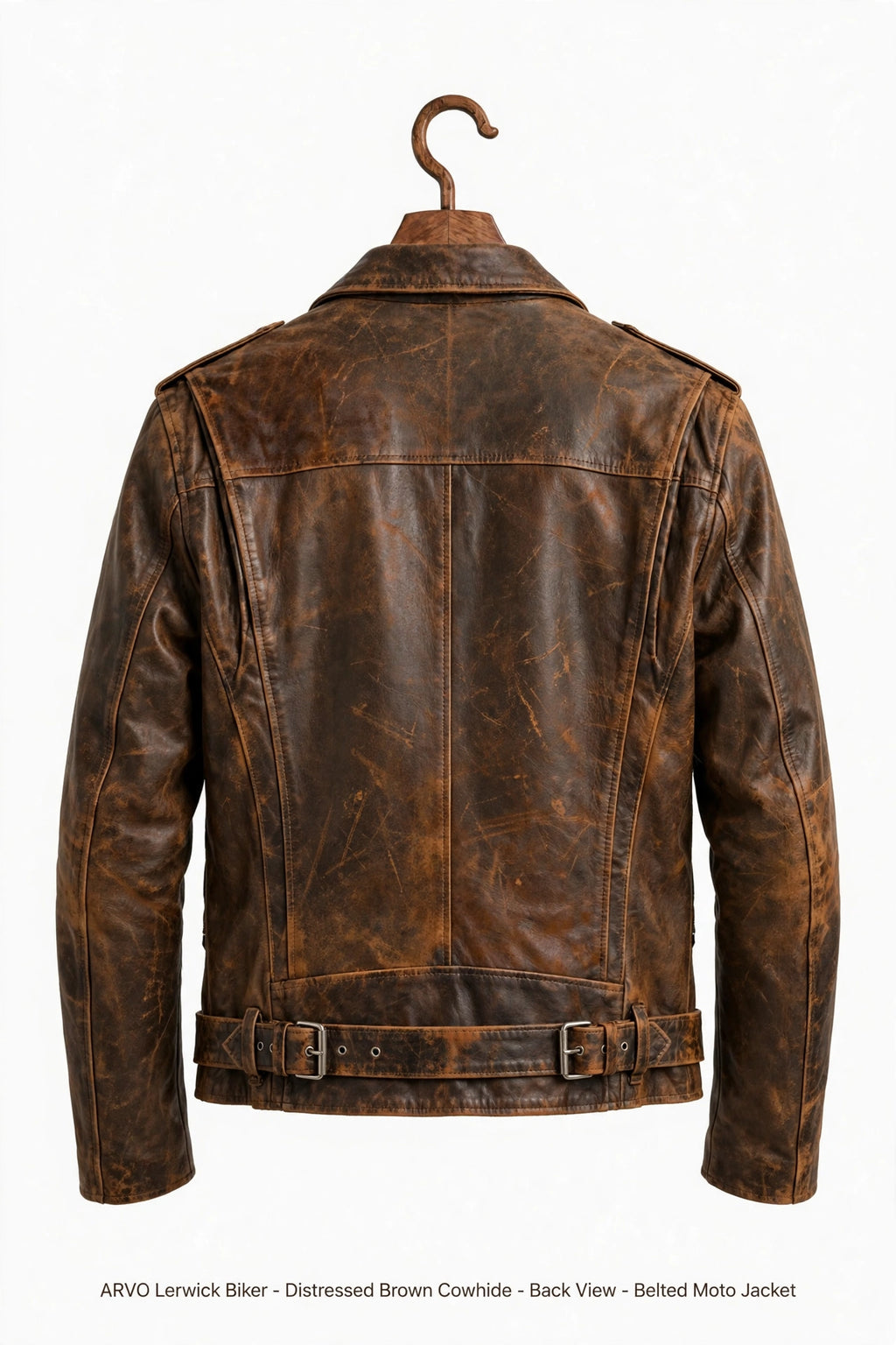 Arvo Lerwick Biker Distressed Brown Cowhide Back View - Belted Vintage Moto Jacket - Cracked Patina Distressed Brown Leather