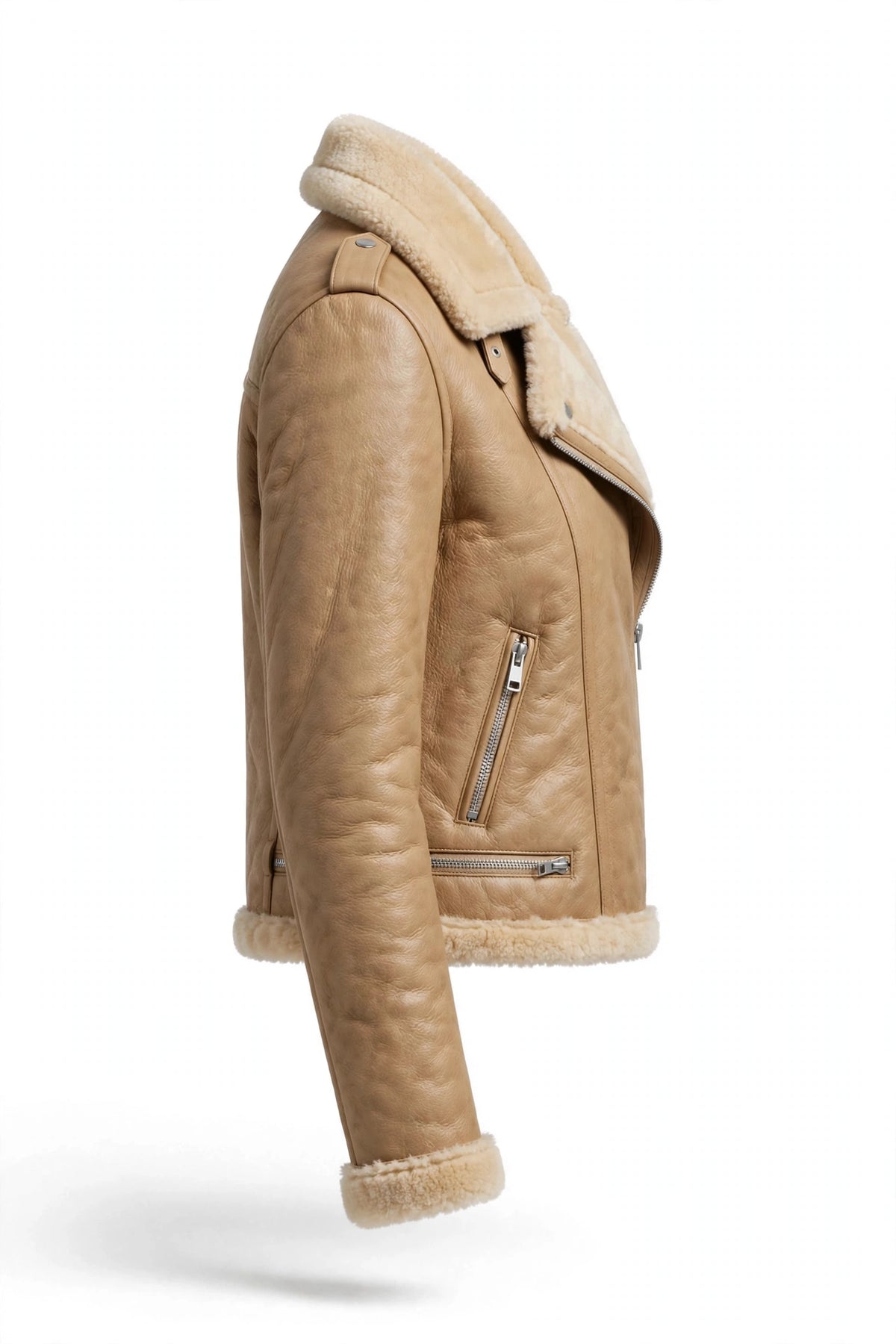 Right side view of Irvine Women's Cropped Biker Jacket in Tan Sheepskin leather with diagonal zipper