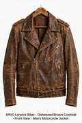 Arvo Lerwick Biker Leather Jacket for Men Distressed Brown Cowhide Front View - Men's Vintage Distressed Brown Motorcycle Jacket with Belted Waist and Asymmetrical Zip