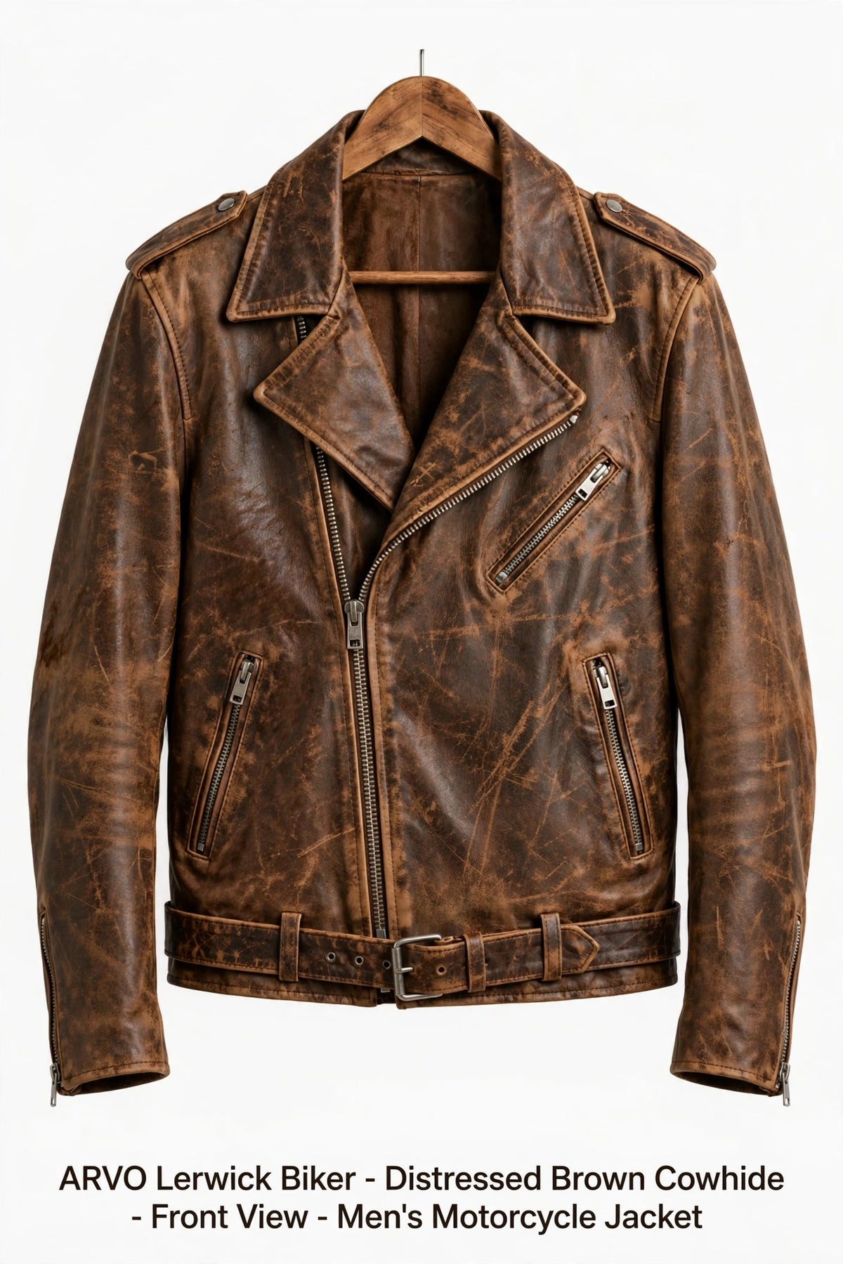 Arvo Lerwick Biker Leather Jacket for Men Distressed Brown Cowhide Front View - Men's Vintage Distressed Brown Motorcycle Jacket with Belted Waist and Asymmetrical Zip