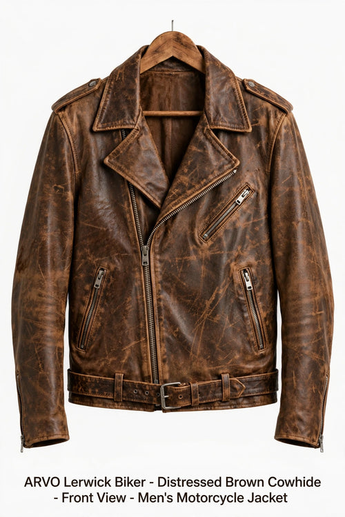 Arvo Lerwick Biker Leather Jacket for Men Distressed Brown Cowhide Front View - Men's Vintage Distressed Brown Motorcycle Jacket with Belted Waist and Asymmetrical Zip