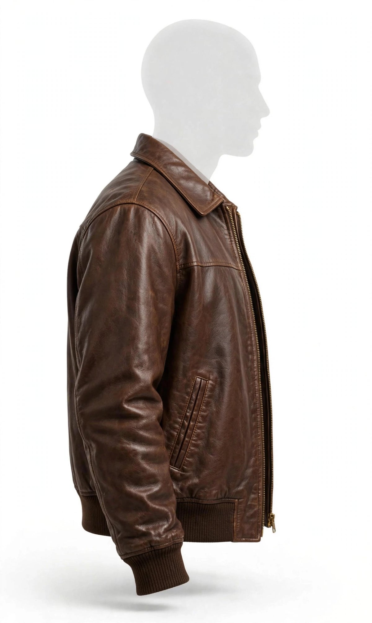 Arvo Heritage Bomber side angle detail showing brass zipper and pocket - brown bomber jacket