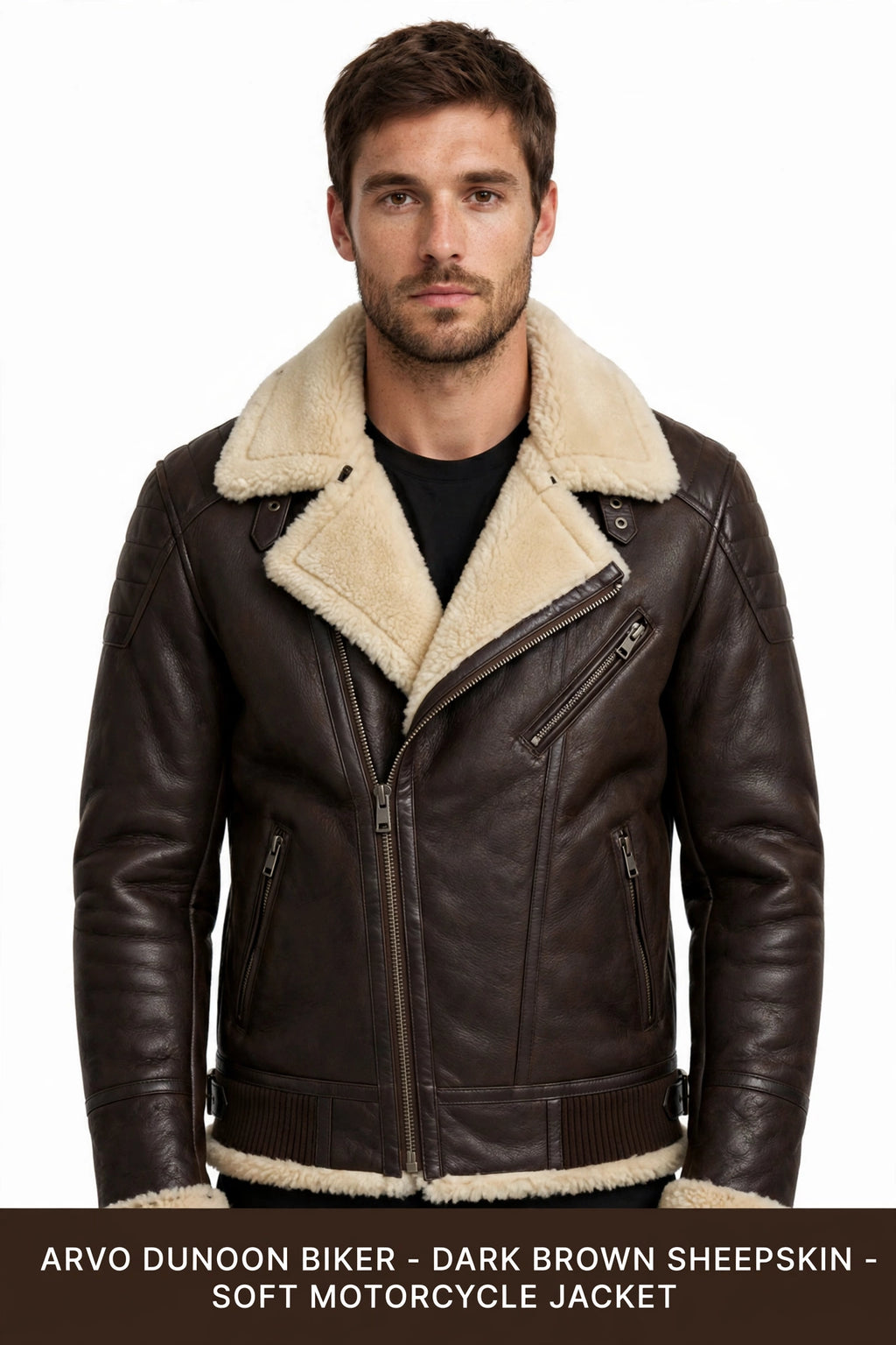 Arvo Dunoon Biker Dark Brown Sheepskin On Model - Men's Dark Brown Shearling Lined Biker Jacket Front View