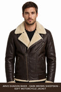 Arvo Dunoon Biker Dark Brown Sheepskin On Model - Men's Dark Brown Shearling Lined Biker Jacket Front View