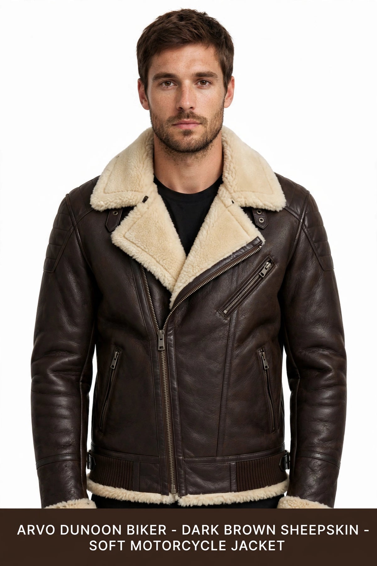 Arvo Dunoon Biker Dark Brown Sheepskin On Model - Men's Dark Brown Shearling Lined Biker Jacket Front View