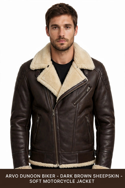 Arvo Dunoon Biker Dark Brown Sheepskin On Model - Men's Dark Brown Shearling Lined Biker Jacket Front View