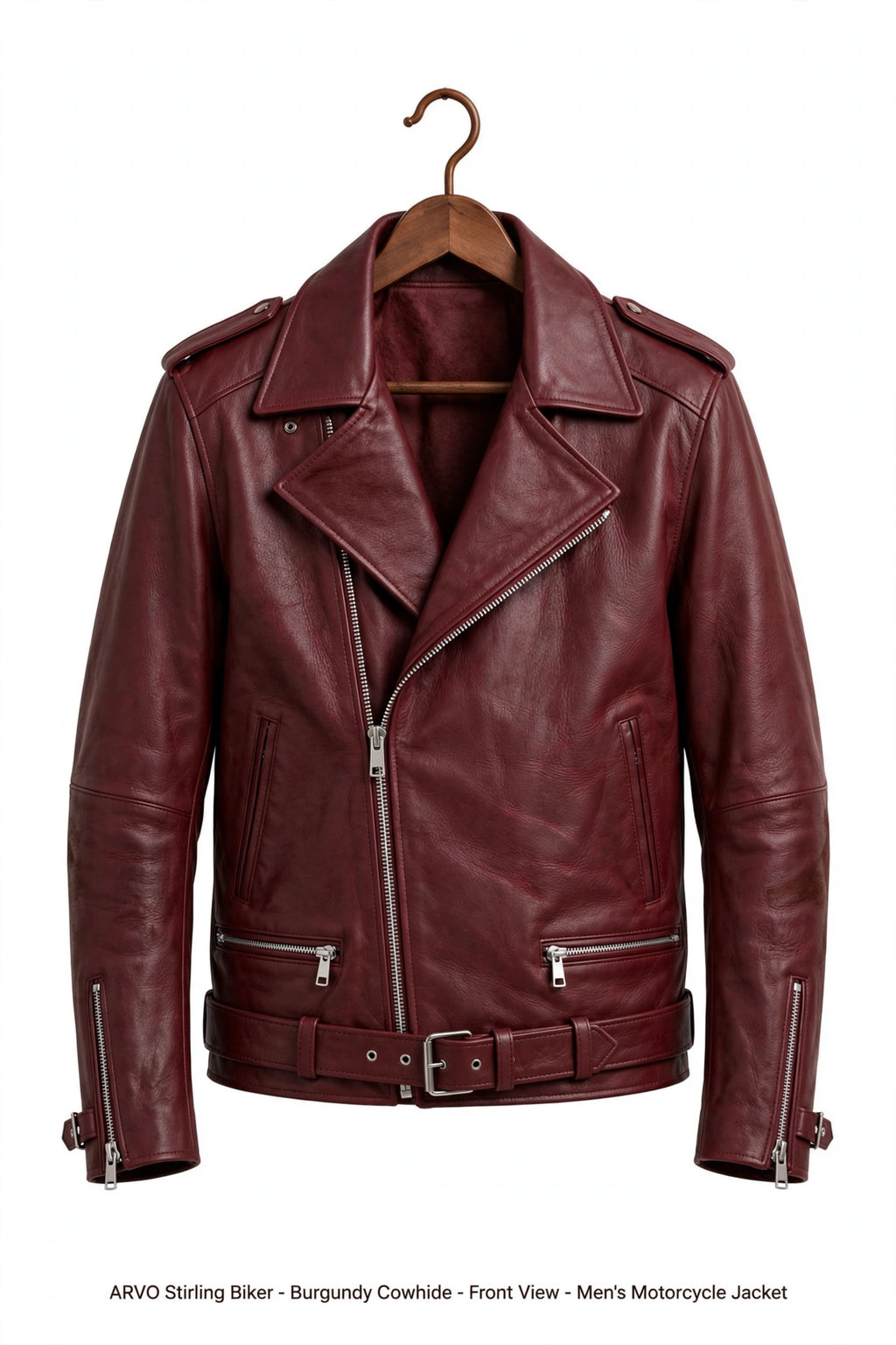 Arvo Stirling Biker Leather Jacket for Men Burgundy Cowhide Front View - Men's Burgundy Distressed Motorcycle Jacket with Belted Waist and Asymmetrical Zip