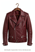 Arvo Stirling Biker Leather Jacket for Men Burgundy Cowhide Front View - Men's Burgundy Distressed Motorcycle Jacket with Belted Waist and Asymmetrical Zip