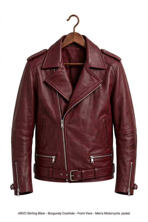 Arvo Stirling Biker Leather Jacket for Men Burgundy Cowhide Front View - Men's Burgundy Distressed Motorcycle Jacket with Belted Waist and Asymmetrical Zip