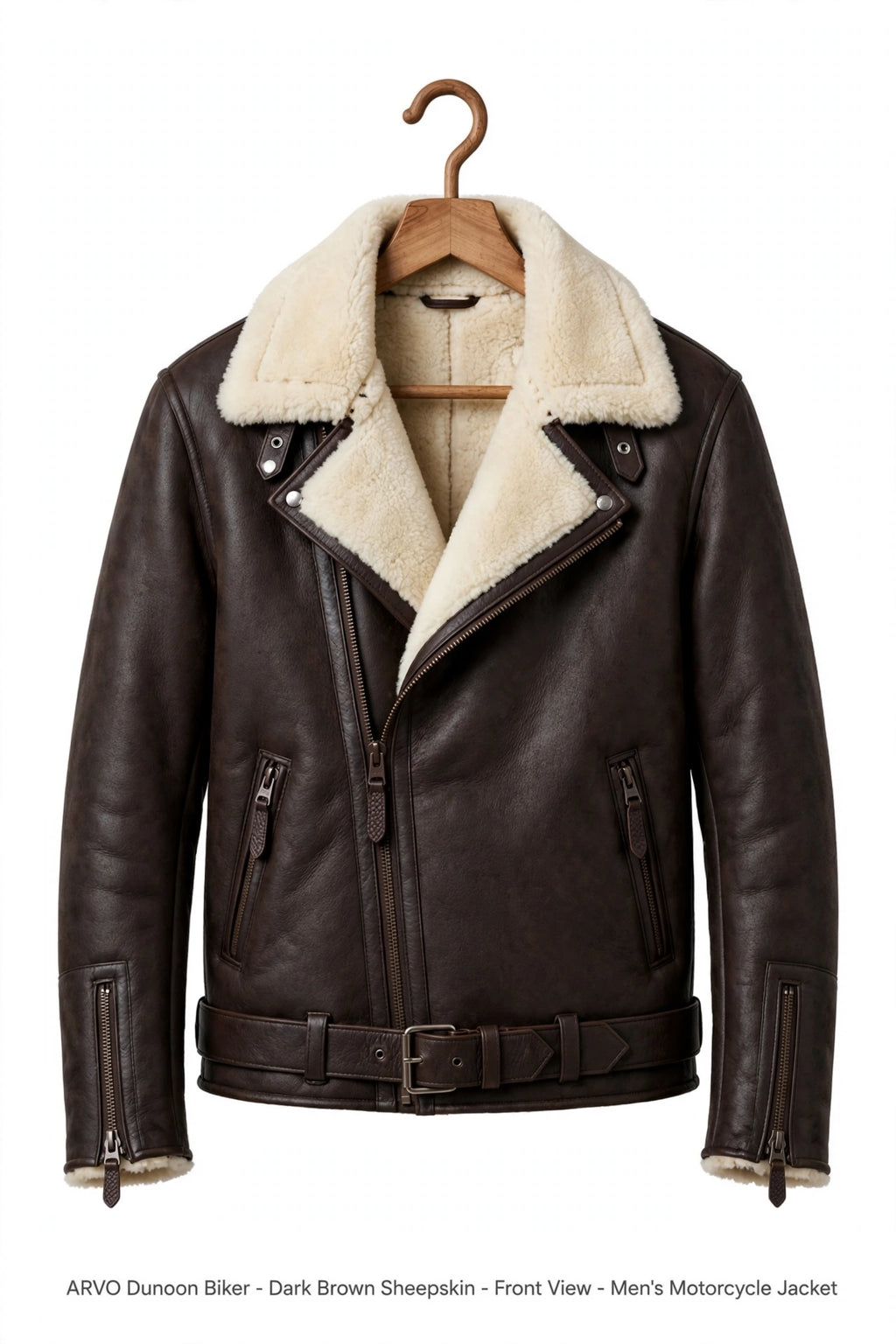 Arvo Dunoon Biker Leather Jacket for Men Dark Brown Sheepskin Front View - Shearling Lined Motorcycle Jacket with Belt - Men's Moto Jacket