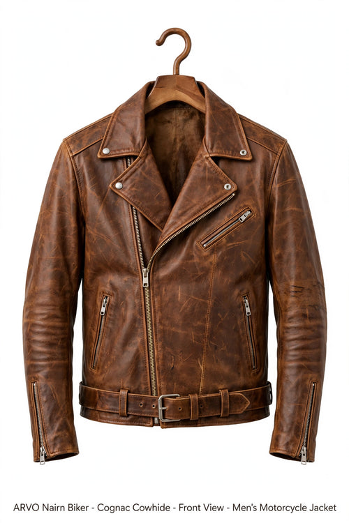 Arvo Nairn cognac cowhide leather biker jacket for men