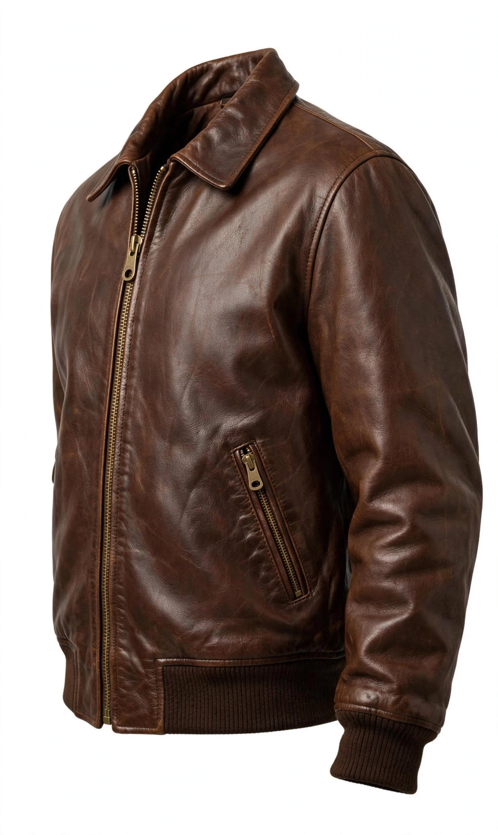 Arvo Heritage Bomber front view - vintage brown leather bomber jacket for men on white background