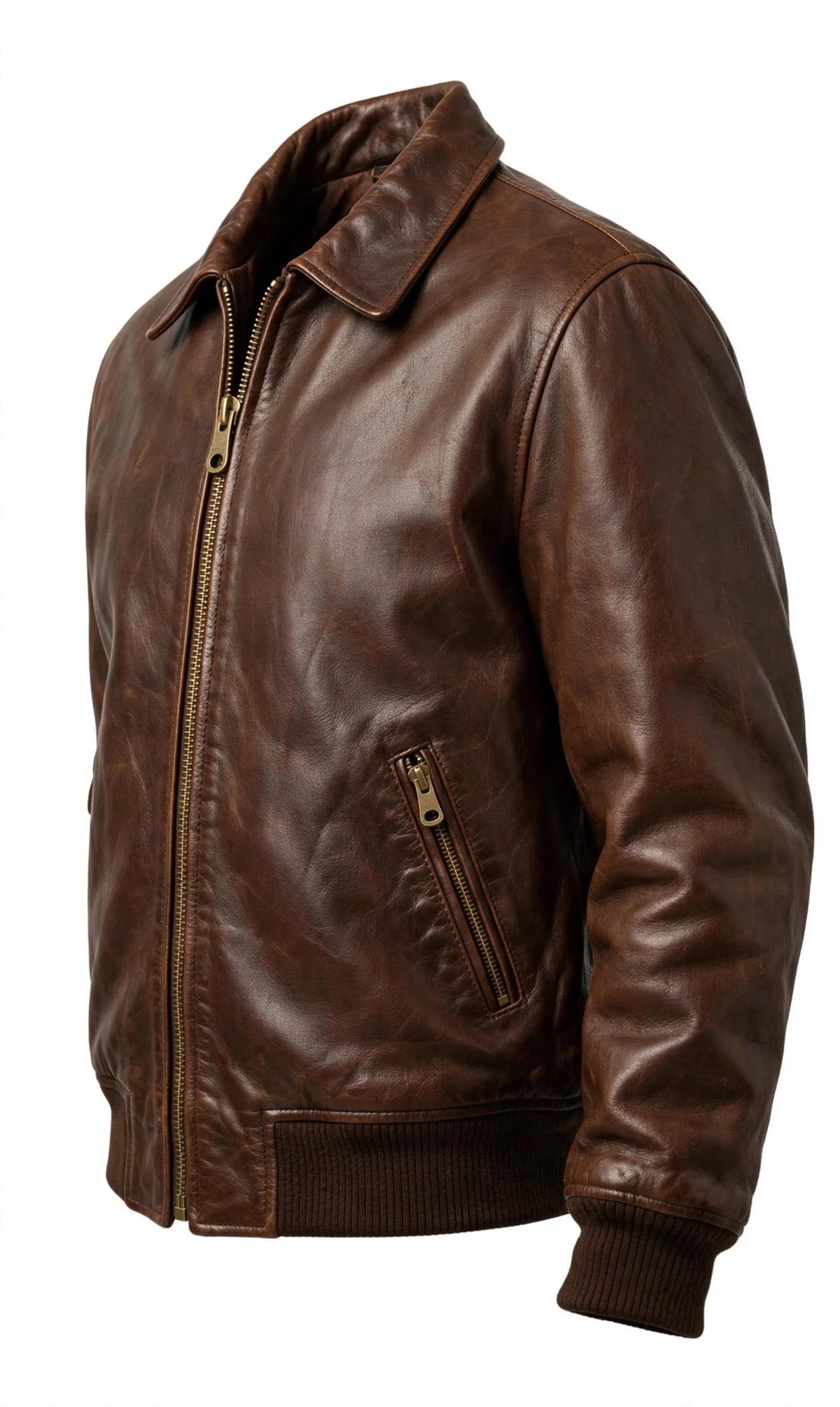Arvo Heritage Bomber front view - vintage brown leather bomber jacket for men on white background