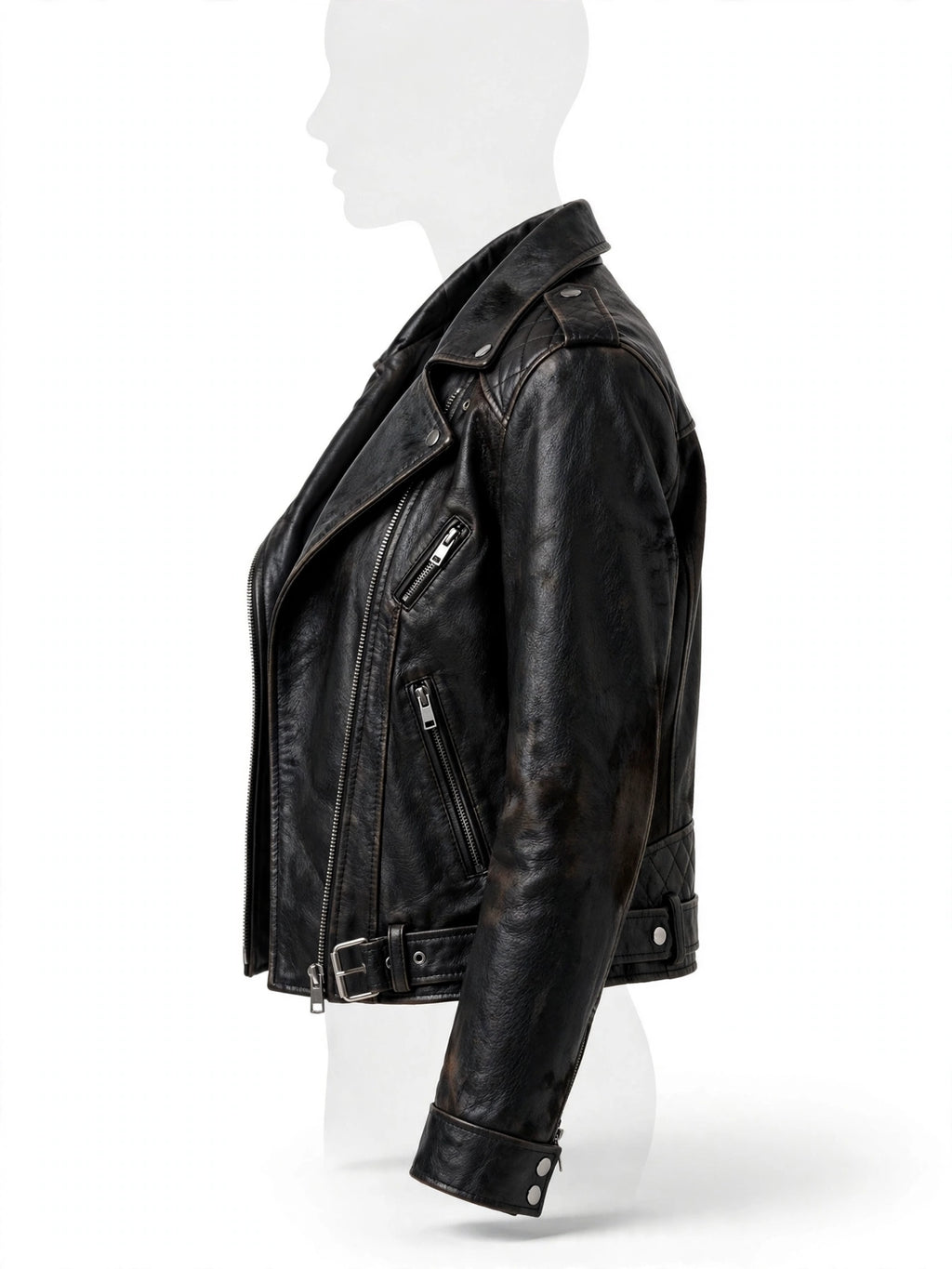 Left side view of Elgin Women's Black Cowhide Biker Leather Jacket