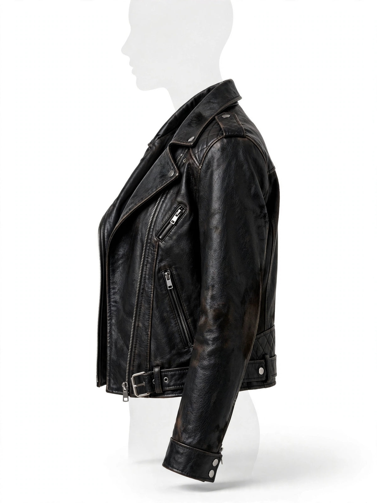 Left side view of Elgin Women's Black Cowhide Biker Leather Jacket